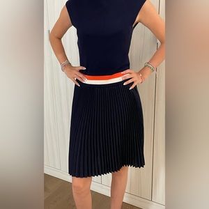 Karen Millen pleaded navy dress with red and white stripes